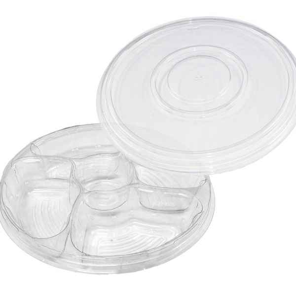 10.25" Round PET 4-Comp. Juice Catcher Tray w/DC and Ring Lid, 48 oz.