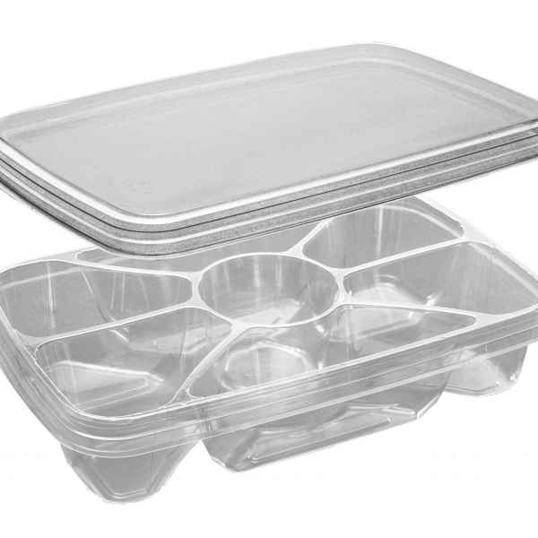 11" x 7" PET 6-Comp. Tray w/DC and Lid, 48 oz.