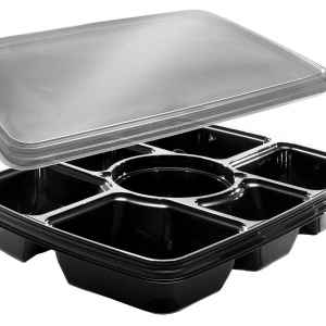 14" x 11" Black 6-Comp. Black PET Tray w/DC and Lid, 96 oz.