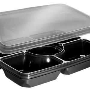 14" x 11" Black 4-Comp. PET Tray w/DC, 96 oz.