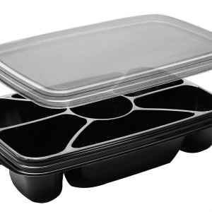 11" x 7" Black PET 6-Comp. Tray w/DC and Flat Lid