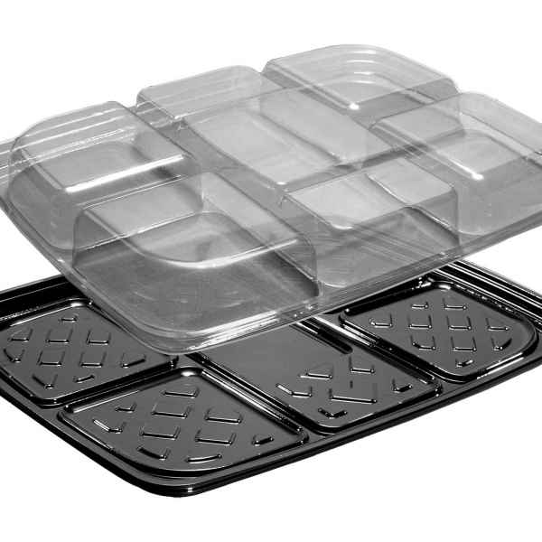 14" x 11" Black PET 6-Comp. Upside Down Tray w/Rect. DC and Lid