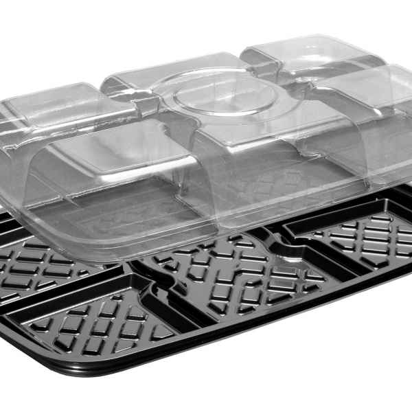 14" x 11" Black PET 6-Comp. Upside Down Tray w/DC and Lid