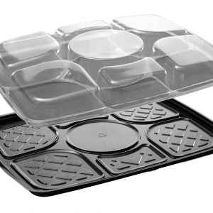 14" x 11" Black PET 6-Comp. Upside Down Tray w/Round DC and Lid