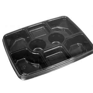 14" x 11" Black 6-Comp. PET Tray w/2 DC, 96 oz.