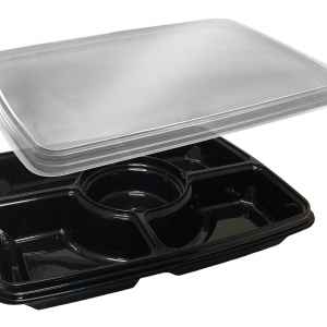 14" x 11" Black PET 4-Comp. Tray w/DC and Lid, 72 oz.