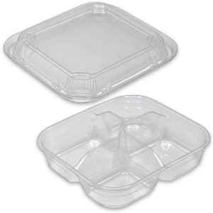 6" Square PET 4-Comp. Container w/Domed Lid, 16 oz.