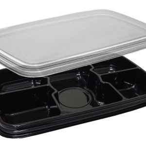 11" x 7" Black PET 6 Comp. Tray w/ Flat Lid