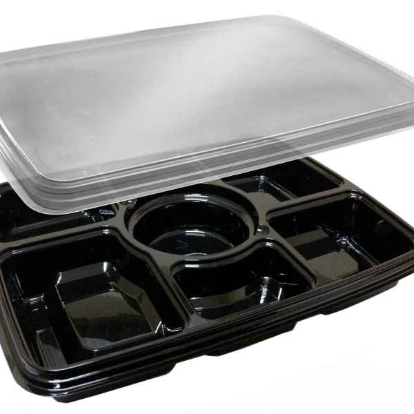 14" x 11" Black 6-Comp. PET Tray w/DC and Lid, 96 oz.