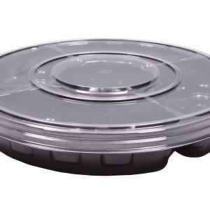 13.13" Round Black PET 4-Comp. Tray w/DC and Ring Lid, 88 oz.