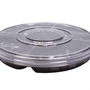 13.13" Round Black PET 4-Comp. Tray w/DC and Ring Lid, 72 oz.