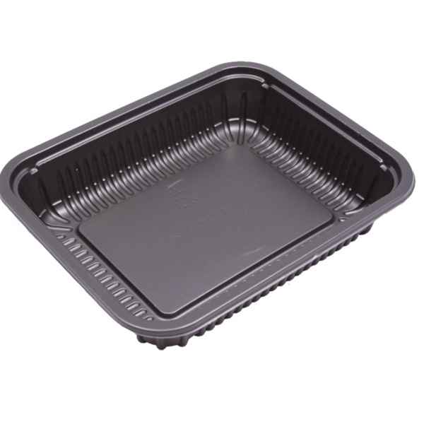 8" x 6.5" Black Ribbed PP HMR Oblong Tray, 24 oz.