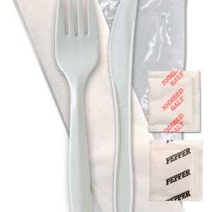 Elite White PP Fork, Spoon, Standard Napkin, Salt & Pepper