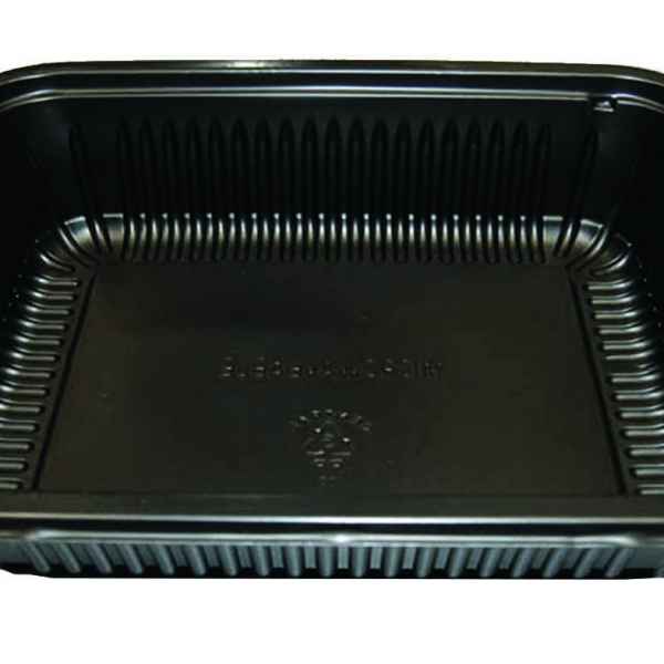 8" x 6.5" Black Ribbed PP HMR Oblong Tray, 32 oz.