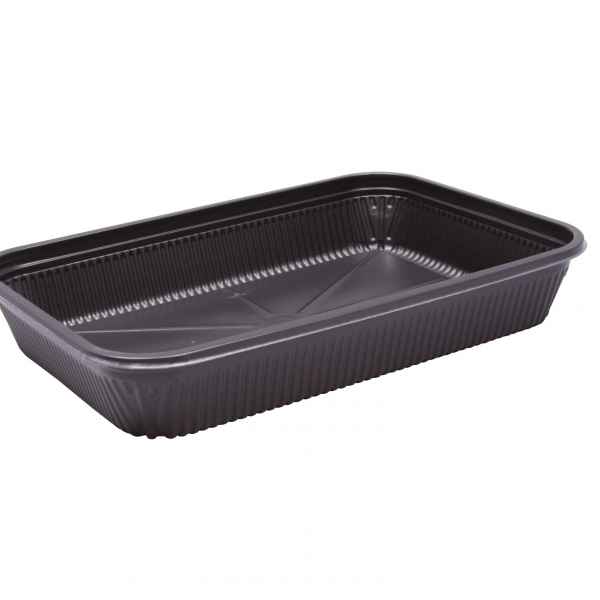 10.8" x 7.4" Black Ribbed PP HMR Oblong Tray, 48 oz.