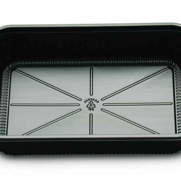 10.8" x 7.4" Black Ribbed PP HMR Oblong Tray, 64 oz.