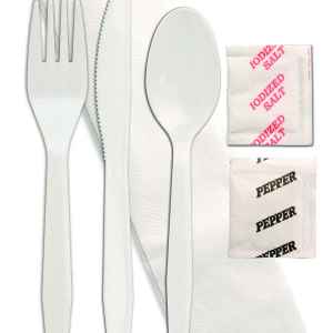 Omega White PS Fork, Knife, Teaspoon, 1-Ply Napkin, Salt & Pepper