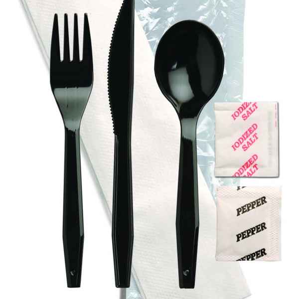 Omega Ebony PS Fork, Knife, Soup Spoon, 13X17 Napkin, Salt & Pepper, Wrapped