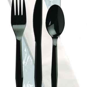 Omega Ebony PS Fork, Knife, Teaspoon & 1-Ply Napkin, Wrapped