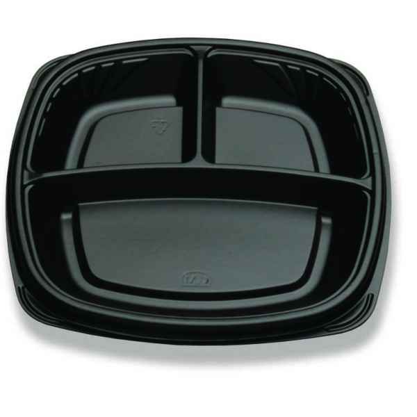 Forum® 9" Square Black C-Fine PS 3-Comp. Shallow Base, 18 oz.