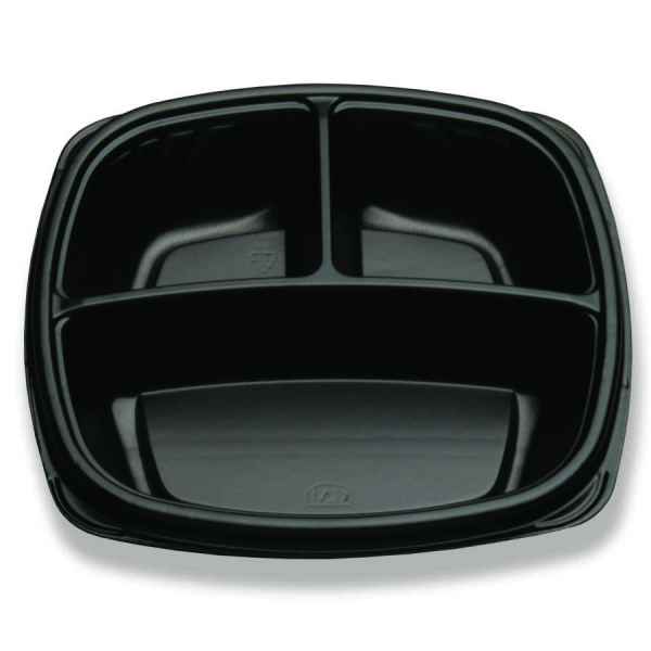 Forum® 9" Square Black C-Fine PS 3-Comp. Deep Base, 36 oz.