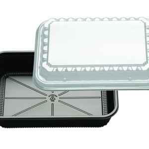 11.1" x 7.7" Black PP HMR Oblong Tray w/ High Dome 7MM Vented Lid, 64 oz.