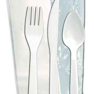 Senate™ White PP Fork, Knife, Teaspoon & Large Napkin, Wrapped