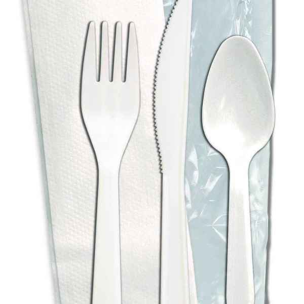 Senate™ White PP Fork, Knife, Teaspoon & Large Napkin, Wrapped