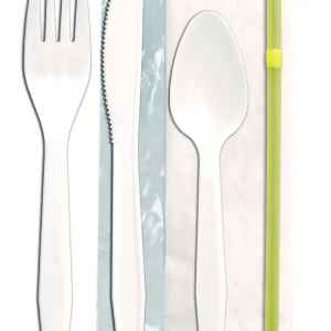 Senate™ White PP Fork, Knife, Teaspoon, Flex Straw & Napkin, Wrapped