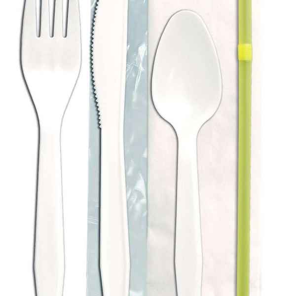 Senate™ White PP Fork, Knife, Teaspoon, Flex Straw & Napkin, Wrapped