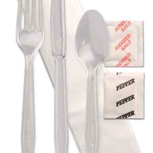 Monarch Clear PS Fork, Knife, Teaspoon, 13x17 Napkin, Salt & Pepper