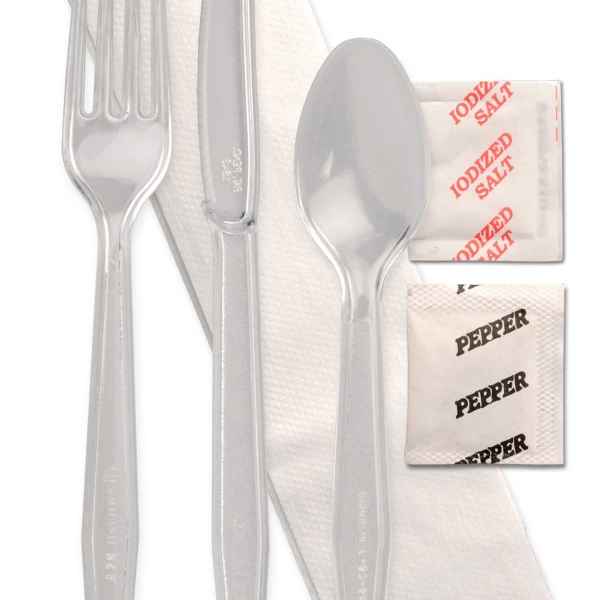 Monarch Clear PS Fork, Knife, Teaspoon, 13x17 Napkin, Salt & Pepper