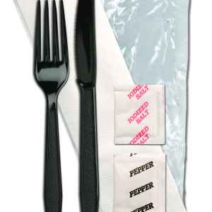 Monarch Ebony PS Fork, Knife, 13X17 Napkin, Salt & Pepper, Wrapped