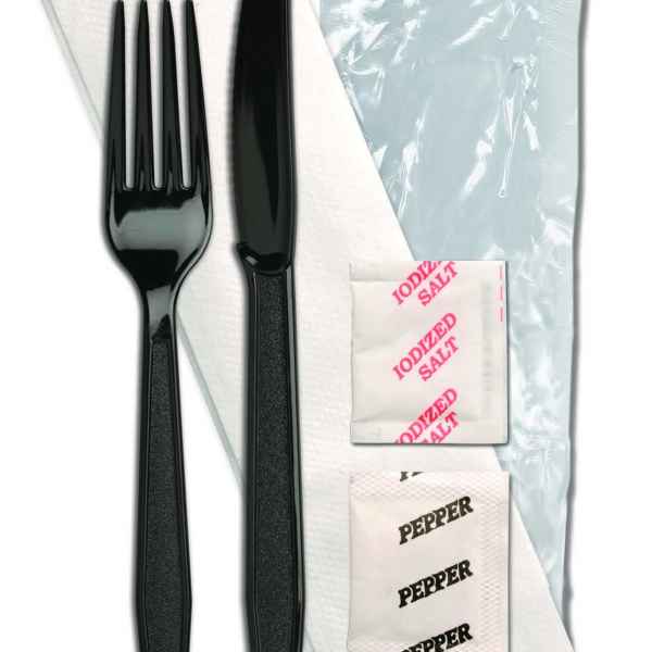 Monarch Ebony PS Fork, Knife, 13X17 Napkin, Salt & Pepper, Wrapped