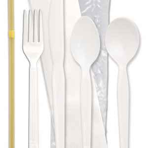 Forum® White PP Fork, Legion Knife, Teaspoon & Soup Spoon, Wrapped