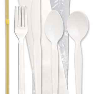 Forum® White PP Fork, Legion Knife, Teaspoon & Soup Spoon, Wrapped