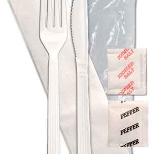 Forum® White PP Fork, Knife, 1-Ply Napkin, Salt & Pepper, Wrapped