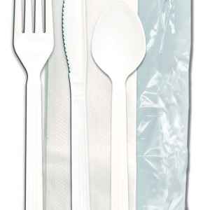 Forum® White PP Fork, Knife, Teaspoon & 1-Ply Napkin, Wrapped
