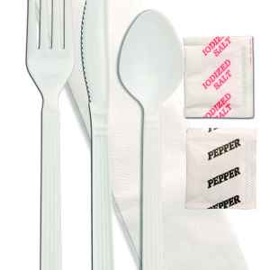 Forum® White PP Fork, Knife, Teaspoon, 1-Ply Napkin, Salt & Pepper