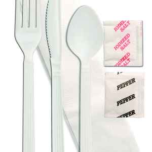 Forum® White PP Fork, Knife, Teaspoon, Large 1-Ply Napkin, Salt & Pepper