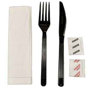 Forum® Ebony PET Fork, Knife, 13" x 13" Napkin, Salt & Pepper