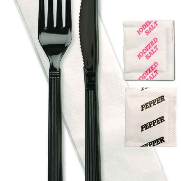 Forum® Ebony PP Fork, Knife, 1-ply Napkin, Salt & Pepper