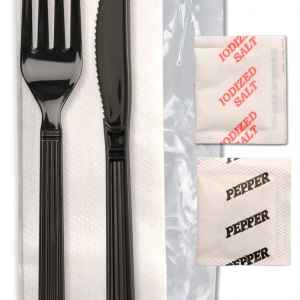 Forum® Ebony PP Fork, Knife, 13X17 Napkin, Salt & Pepper