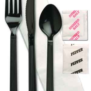 Forum® Ebony PP Fork, Knife, Teaspoon, 1-ply Napkin, Salt & Pepper, Wrapped