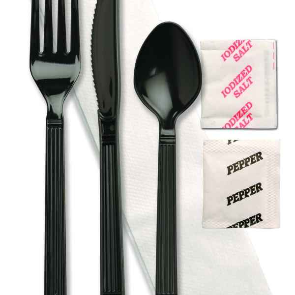 Forum® Ebony Fork, Knife, Teaspoon, Large Napkin, Salt & Pepper