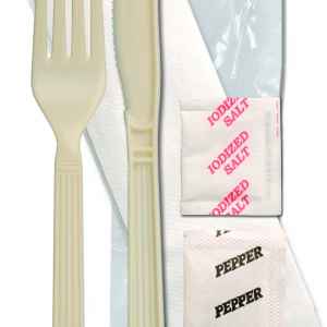 Forum® Champagne PP Fork, Knife, Napkin, Salt & Pepper, Wrapped