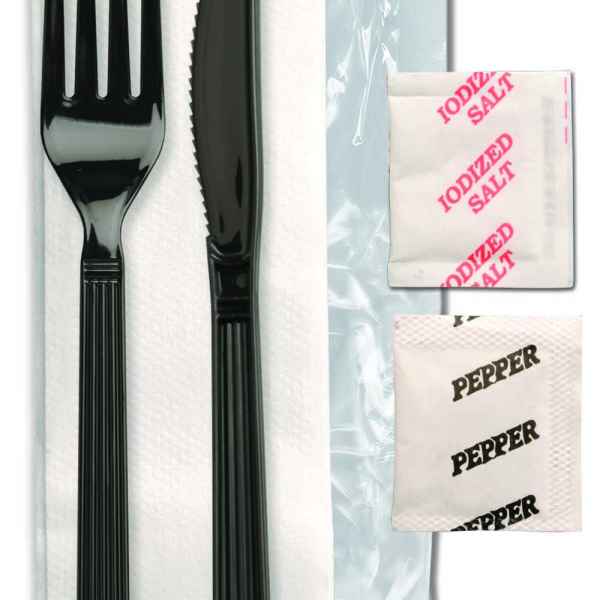Forum® Ebony PP Fork, Knife, 13X17 2-Ply Napkin, Salt & Pepper, Wrapped
