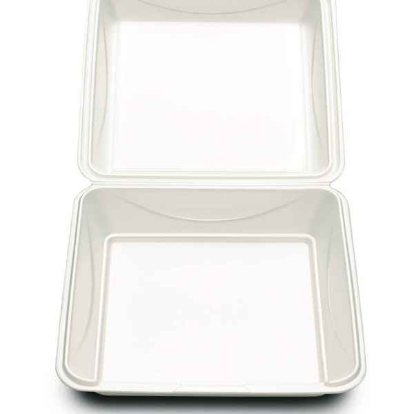 Envirofoam® 9" Square White PS Hinge, 59 oz., 200 ct.