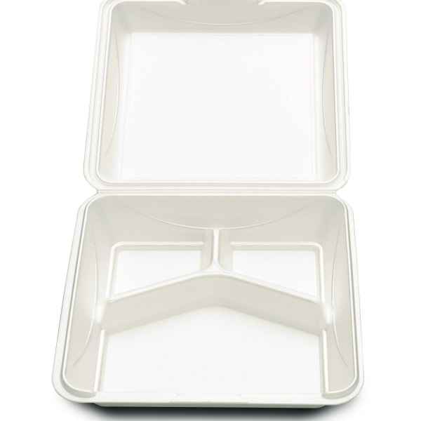 Envirofoam® 9" Square White PS 3-Comp. Hinge, 49 oz.