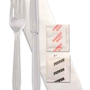 Monarch™ Clear PS Fork, Knife & 13" x 13" Napkin, Salt & Pepper